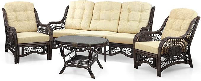 Malibu Lounge Set of 4: 2 Natural Rattan Wicker Chairs, Three-Seater Sofa