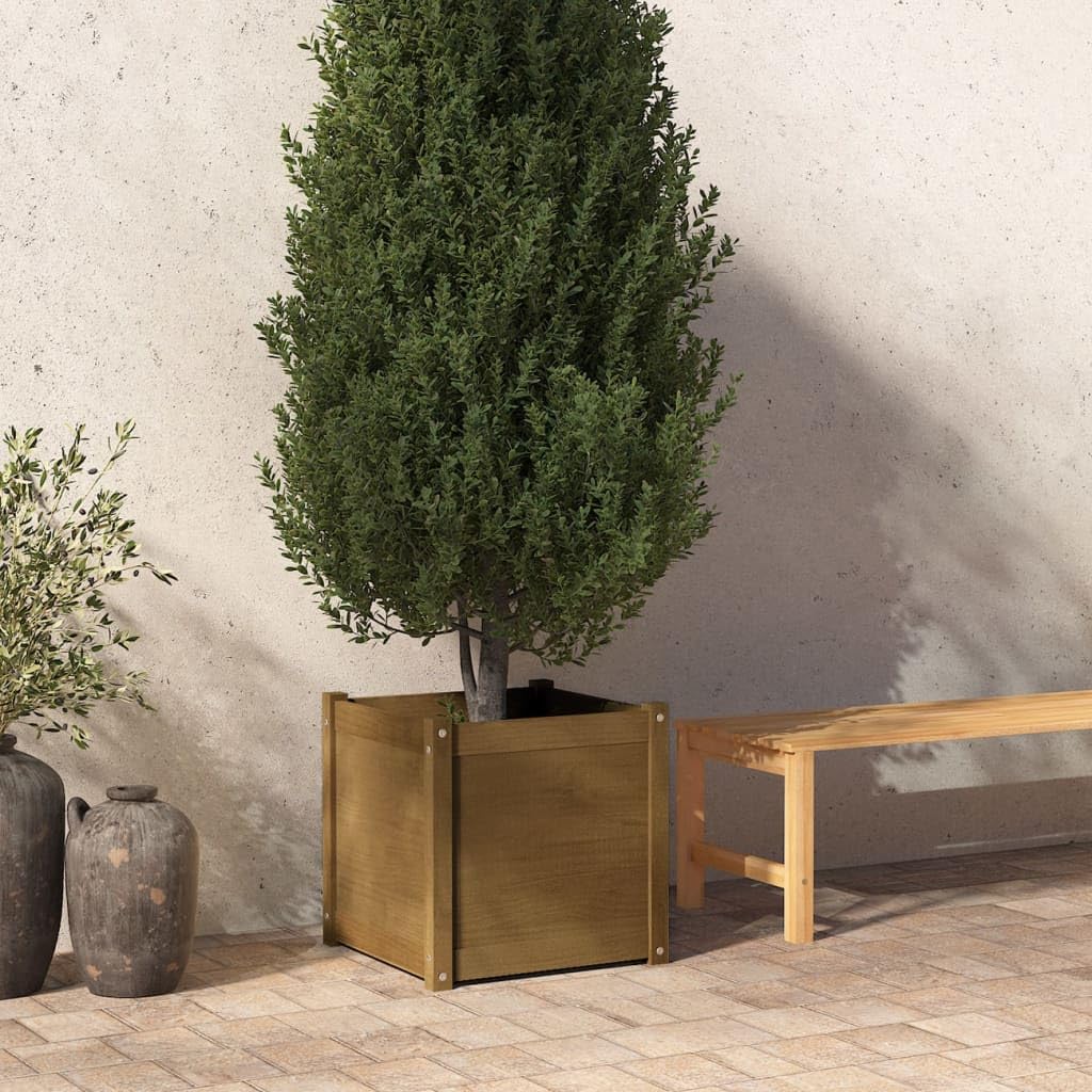 Xolmizyn Square Garden Planter Box, 19.7-inch Solid Pinewood Raised Bed for Flowers and Herbs, Decorative Honey Brown Wood Container for Patio, Balcony, and Terrace Decor