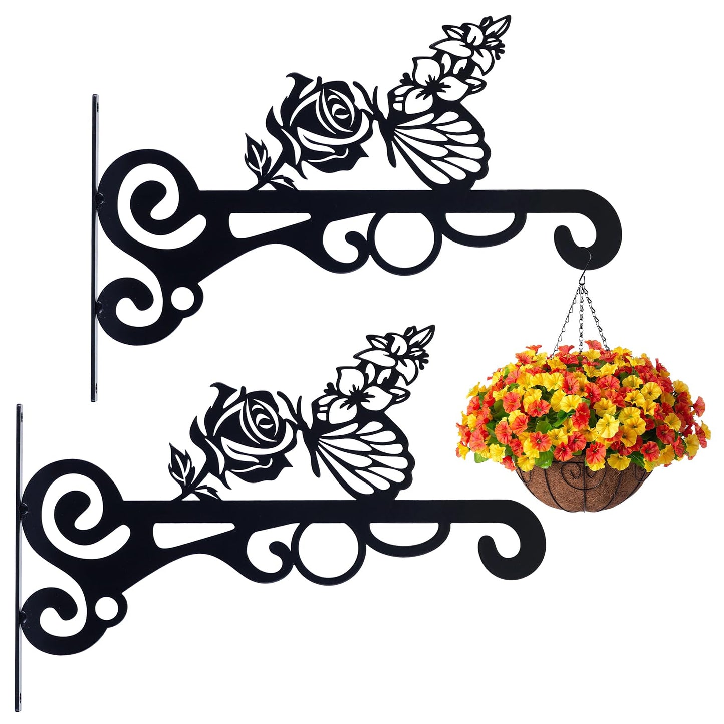 hogardeck Plant Hangers Outdoor Decor, 2 PCS 10” Metal Hanging Plant Bracket with Buttterfly and Flower for Garden Patio Yard Decor, Plant Hooks for Hanging Plants, Bird Feeder, Wind Chime, Lantern
