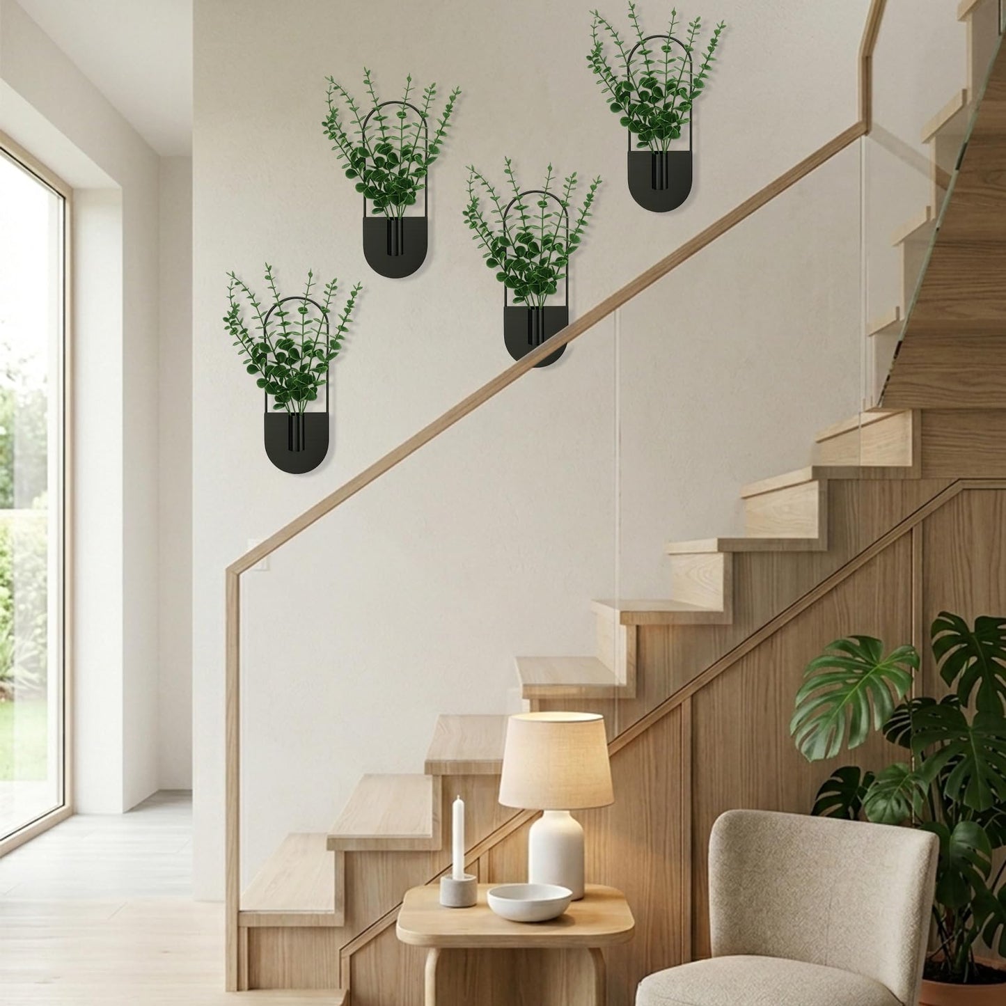 Nacidooka 2 Pcs Boho Wall Decor Hanging Planters for Indoor Plants, Hanging Plant Holder with Artificial Eucalyptus Modern Bathroom Metal Wall Art for Living Room Hallway Home Office(Black)