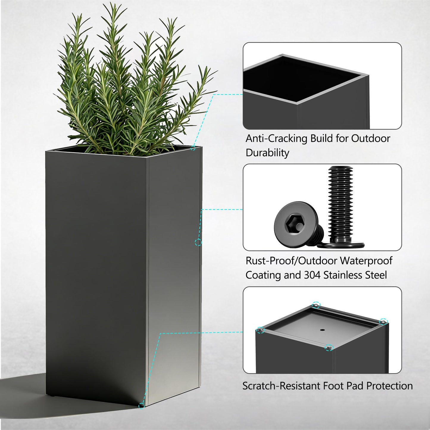Set of 2 Tall Metal Planter Box for Outdoor Plants,14" L x 14" W x 30" H Heavy Duty Tall Outdoor Planter with Removable Insert Shelf for Porch, Patio, Backyard| Modern Décor|Built-in Drainage|(Black)