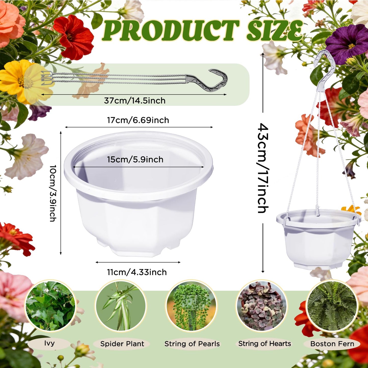 Liobelon 4 Pieces Plastic Hanging Planters, 6.7 x 5.5 Inch Hanging Flower Basket with Hook Hanging Nursery Planter Holder Small Flower Pots for Outdoor Indoor Plant Garden (White)
