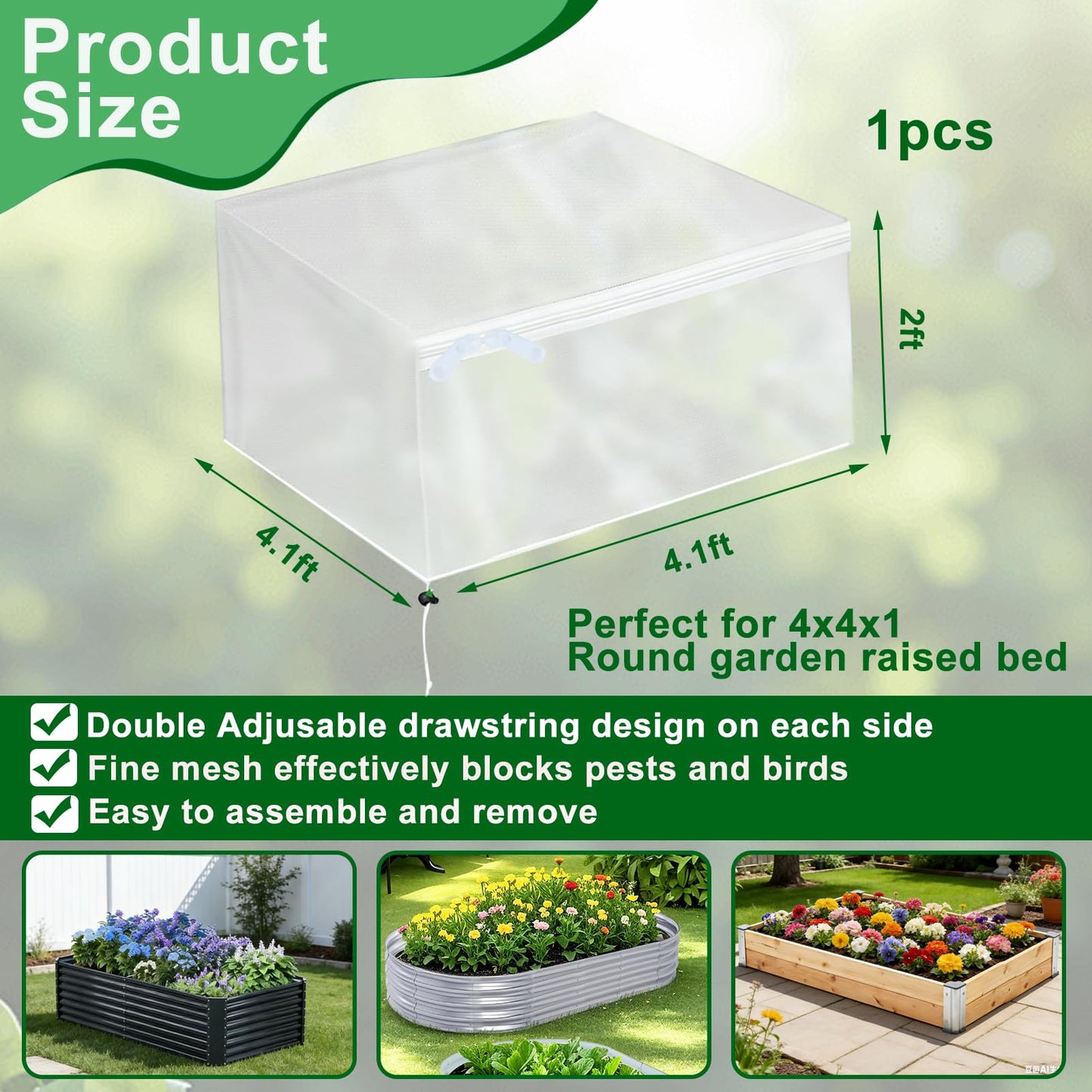 1 Pack Garden Netting for Raised Beds, Fine Mesh Bird Netting Barrier Screen with Zipper Drawstring Garden Bed Plant Cover for Protect Vegetable Fruits Crop from Animals Pest Insect, 4.1×4.1×2Ft