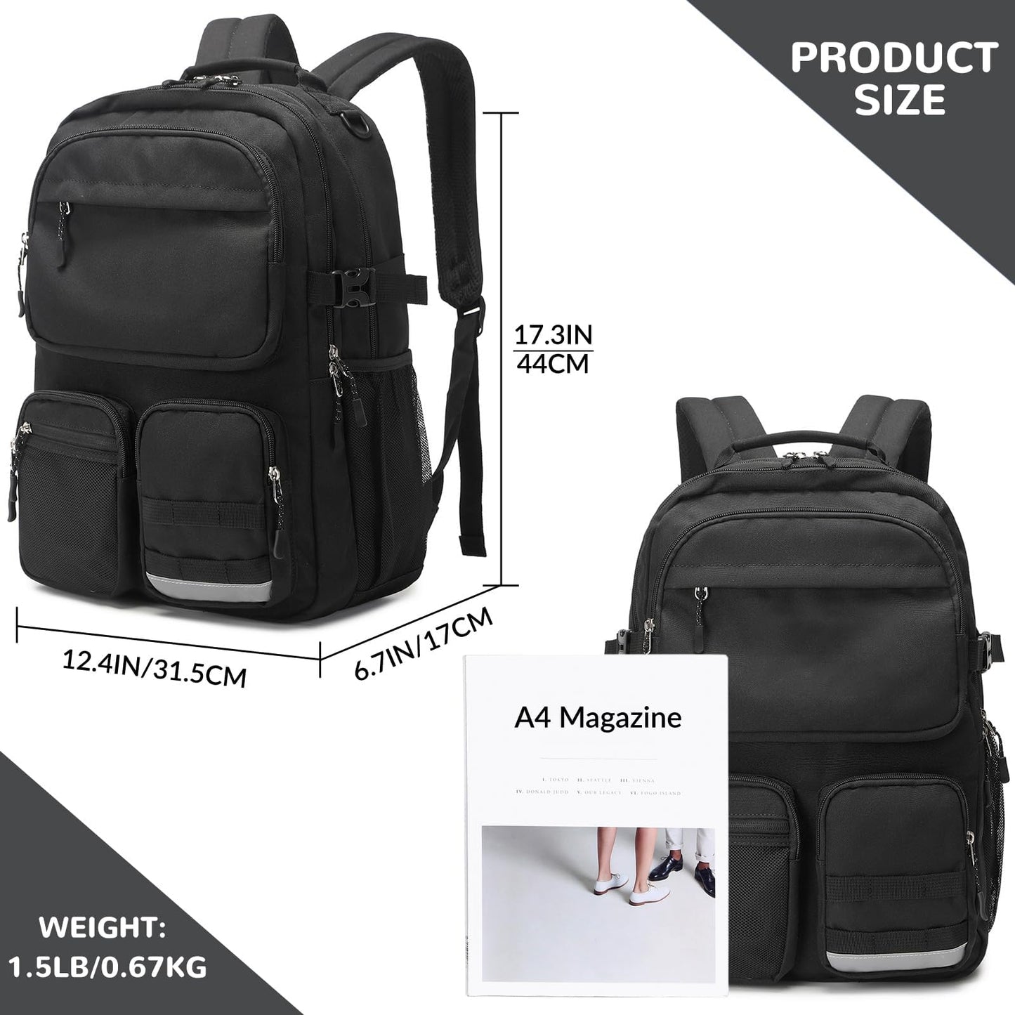 Lohol Water Resistant Backpack with Multifunctional Pockets for Teens, Durable Bookbag fits 15.6 inch Laptop for School Travel College, 25L (Black)