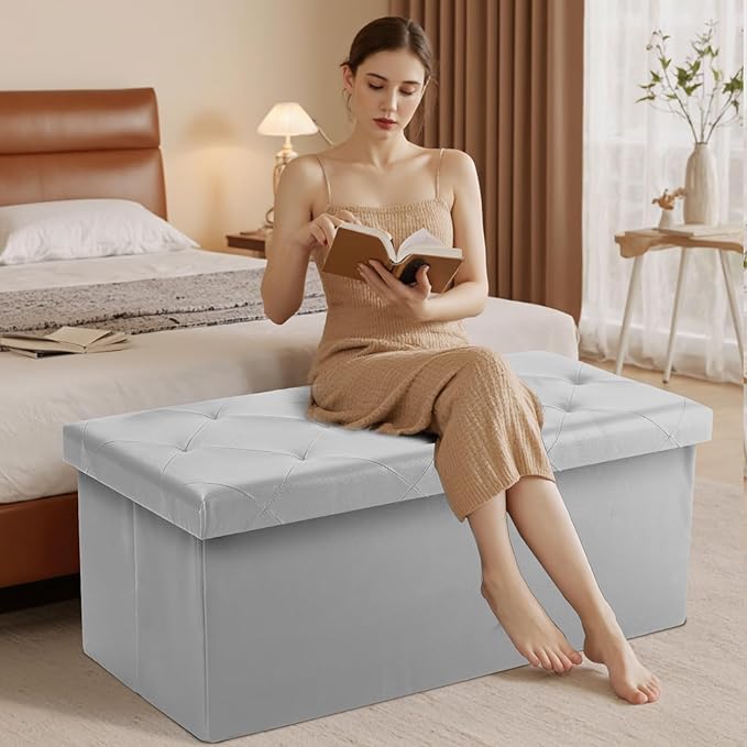 DUMOS 43 Inch Folding Storage Ottoman Bench, Large Storage Chest withThicker