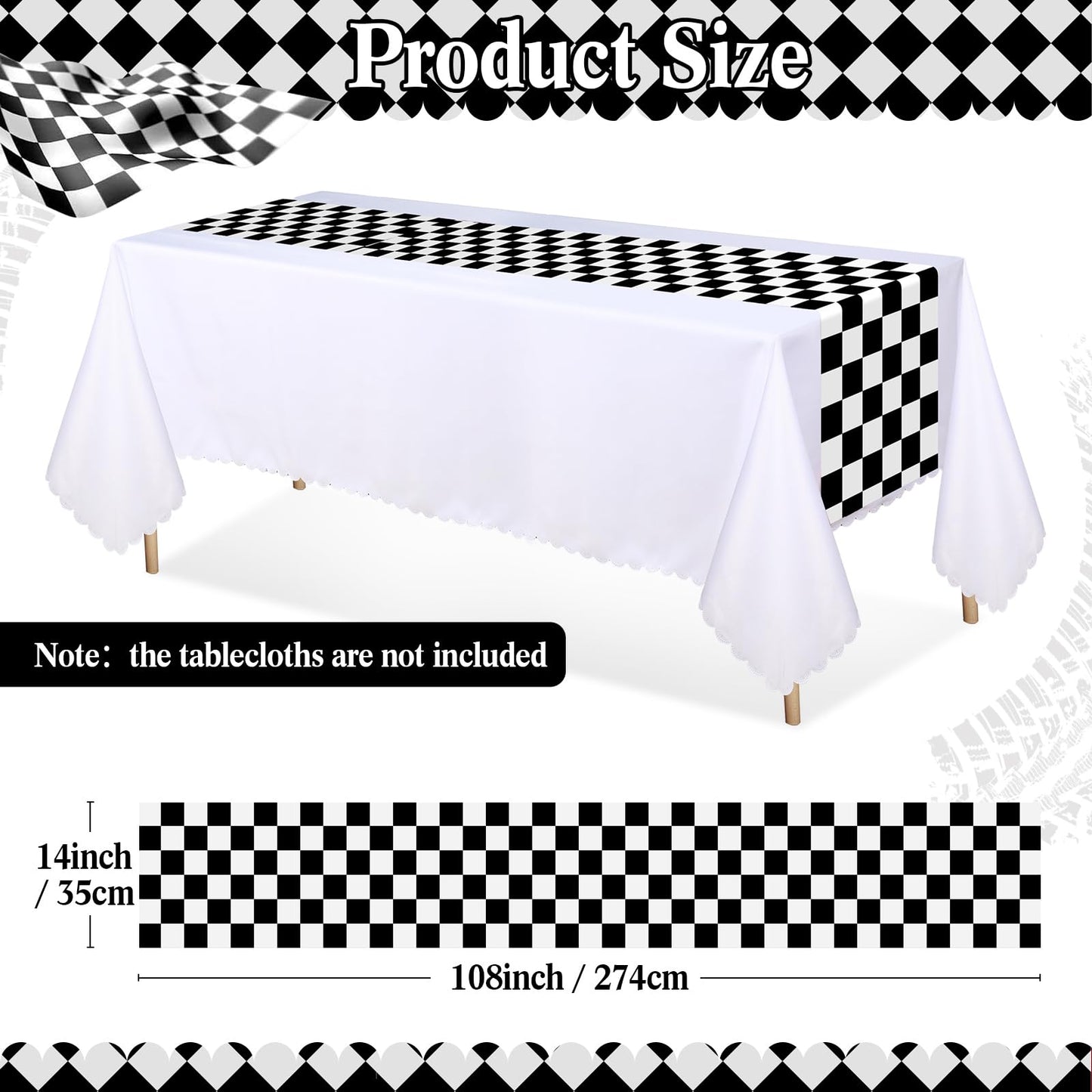 Preboun 12 Pcs Plastic Checkered Table Runner 14 x 108 Inch Racetrack Road Table Runner for Two Fast Car Theme Birthday Racing Party Decor Events Supplies (Black White Checkered)