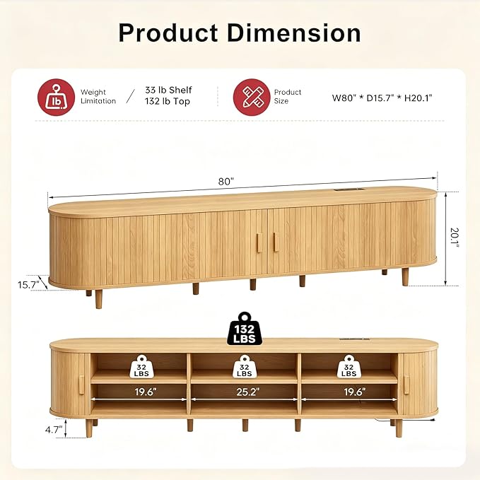 80" Mid Century Modern TV Stand, Wood TV Consoles