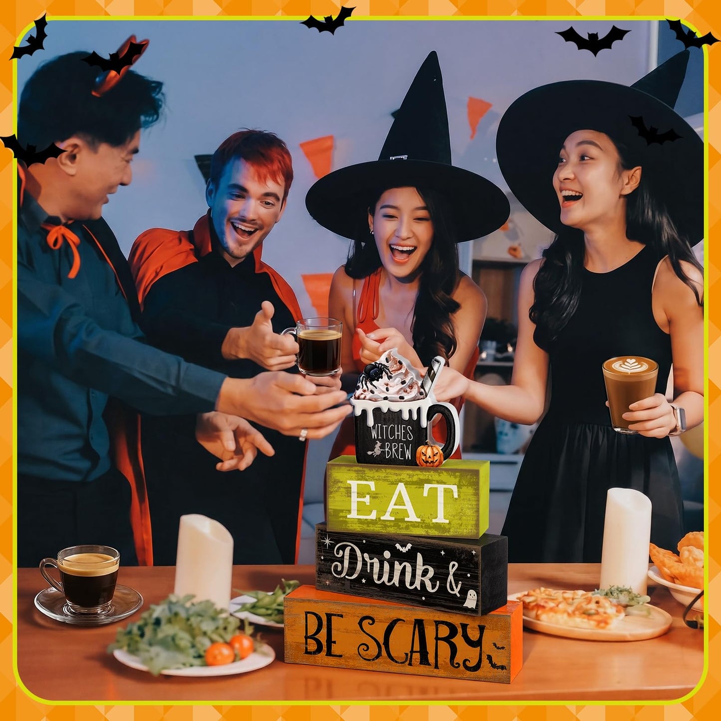 Lineshading 4 Pcs Halloween Table Decor - "Eat Drink & Be Scary" Witch Brew Themed Stackable Block Signs, Rustic Farmhouse Halloween Table Centerpieces for Home Kitchen Dining Coffee Bar
