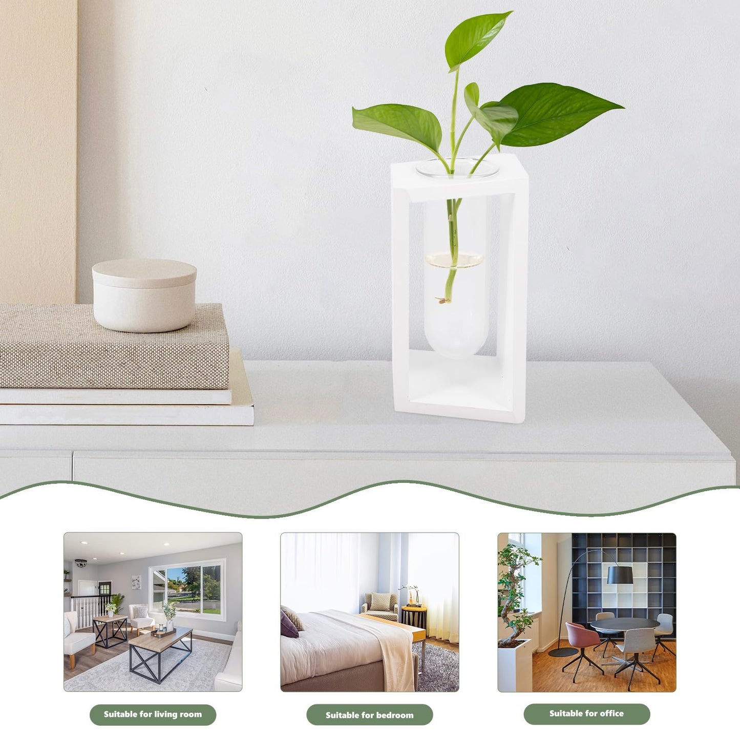 Toyvian Nordic Style Test Tube Glass Vase with Wooden Rack, Small Hydroponic Plant Terrarium for Home and Office Décor, White Frame Flower Vase for Propagation and Tabletop Arrangement
