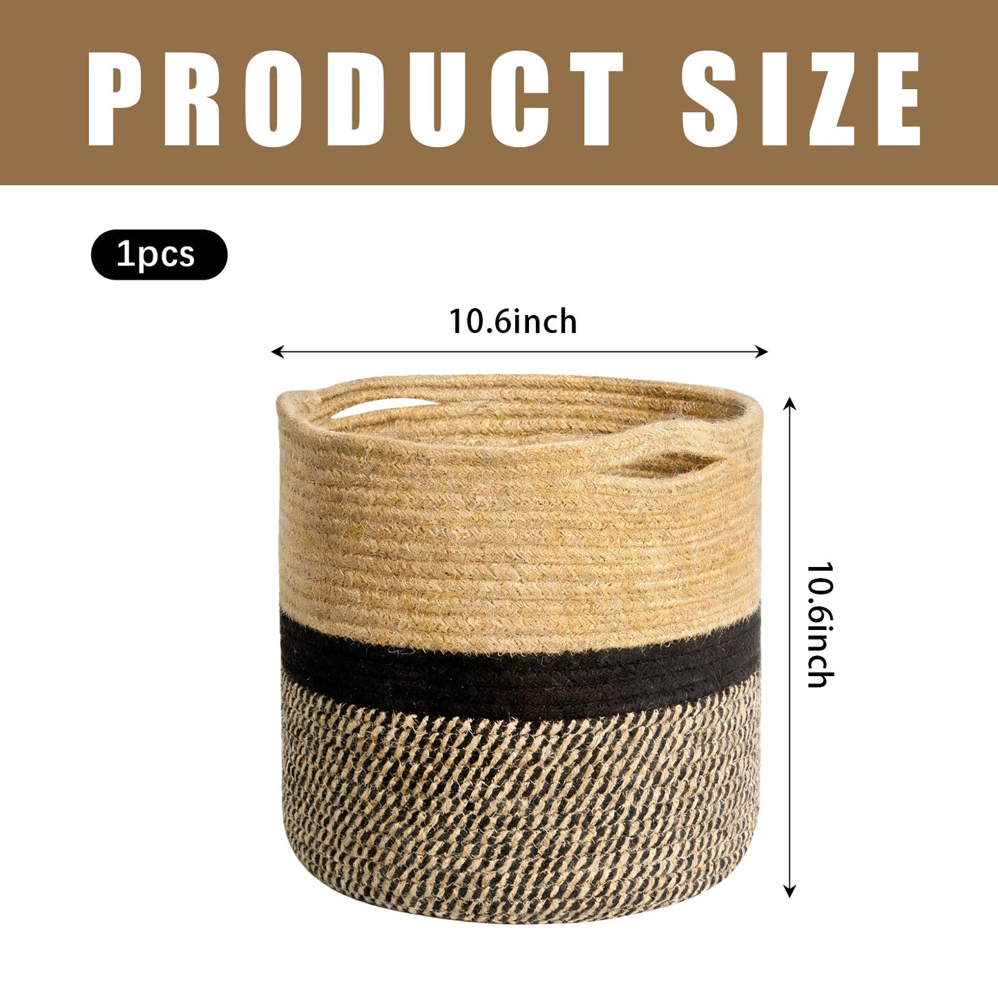 JBESUHI Sturdy Jute Rope Plant Basket - Modern Woven Basket for 10" Flower Pot & Floor Indoor Planters, 11”x11” Storage Organizer, Rustic Home Decor with Black and Beige Stripes