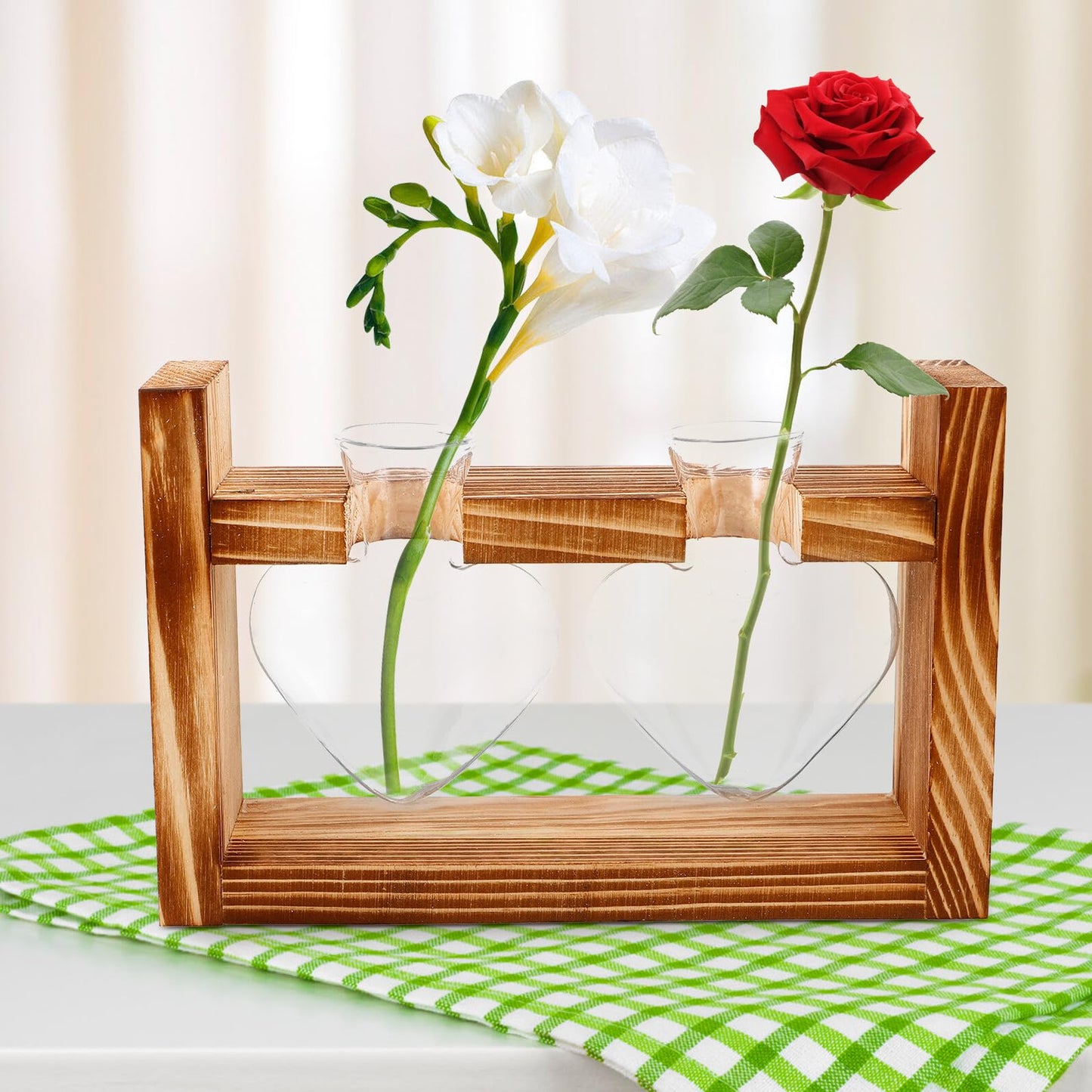 Mobestech Glass Vase with Wooden Stand Heart-Shaped Hydroponic Terrarium for Indoor Plants Desktop Plant Decor Home Vase Set with 2 Glass Containers