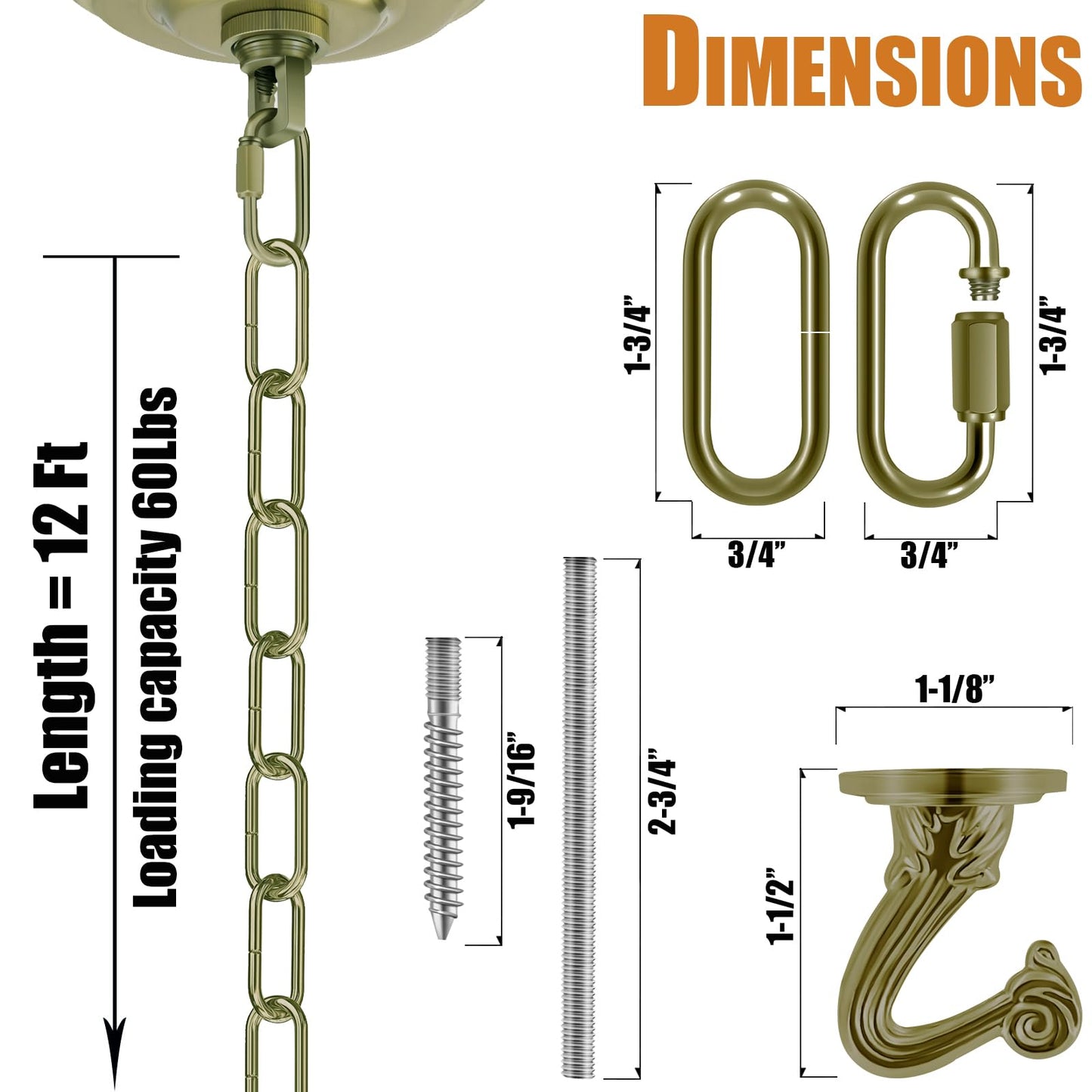 Omytie 12 Ft Heavy Duty Hanging Chain Kit with Connection Locks & Swag Ceiling Hooks for Lighting Fixture, Chandelier, Pendant, Lantern, Swag Lamp, Plant/Flower/Fruit Basket, Bird Feeder (Bronze)