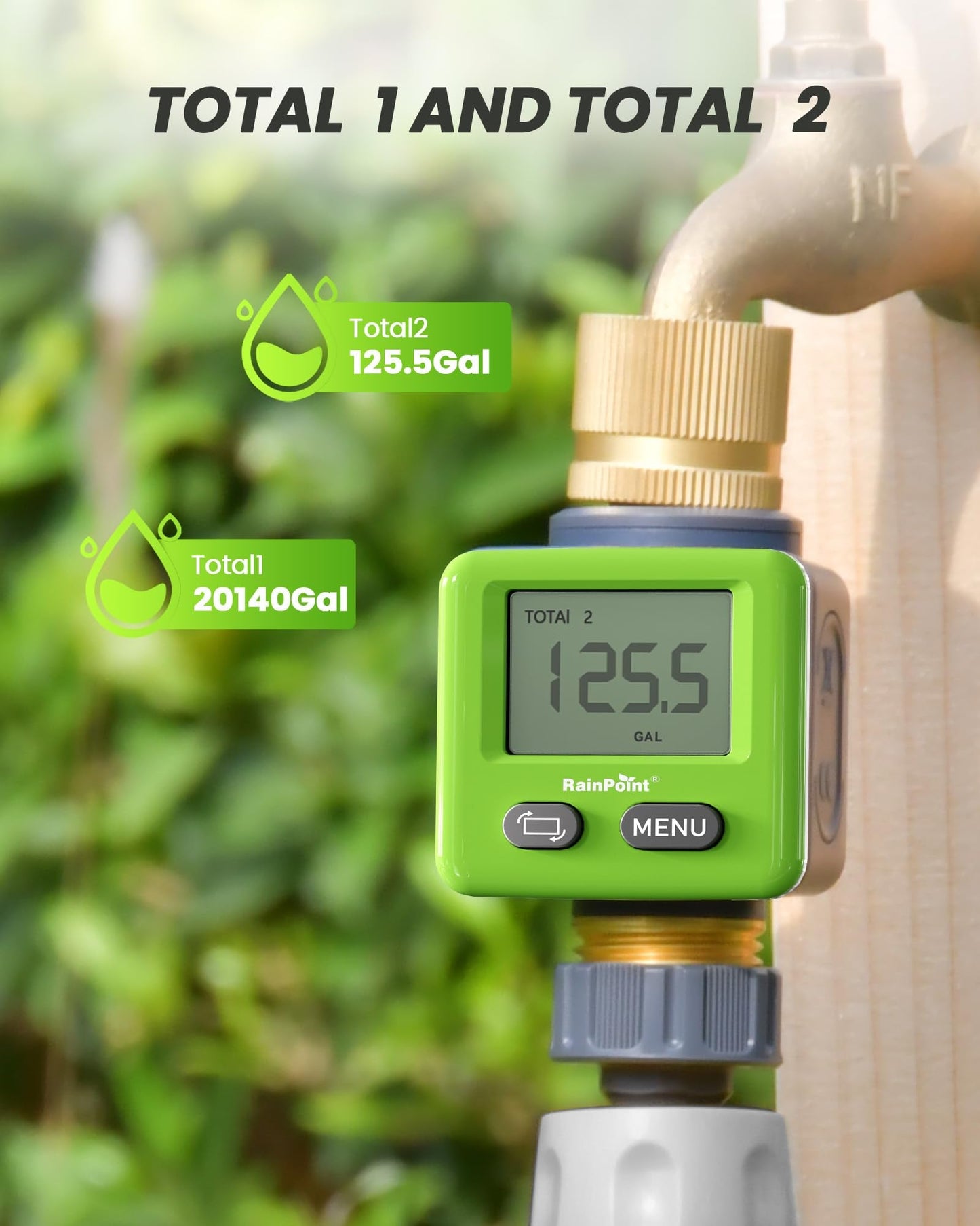 RAINPOINT Water Flow Meter, ±5% Accuracy, Pure Brass Inlet & Outlet Water Meter, 180° Screen-Flip, 4 Measure Modes for Outdoor Garden Hose, Lawn Sprinkler Watering, RV Water Tank Filling, Green