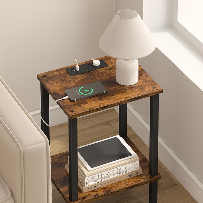 TUTOTAK End Table with Charging Station, Side Table with USB Ports and Outlets
