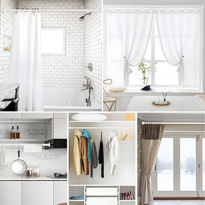MEXAU White Tension Curtain Rod 40-148 Inch Long Tension Rod 1.26" Spring Tension Curtain Rod Adjustable Curtain Rods No Drilling Tension Shower Rod Curtain Tension Rod for Bathroom Windows Doorways