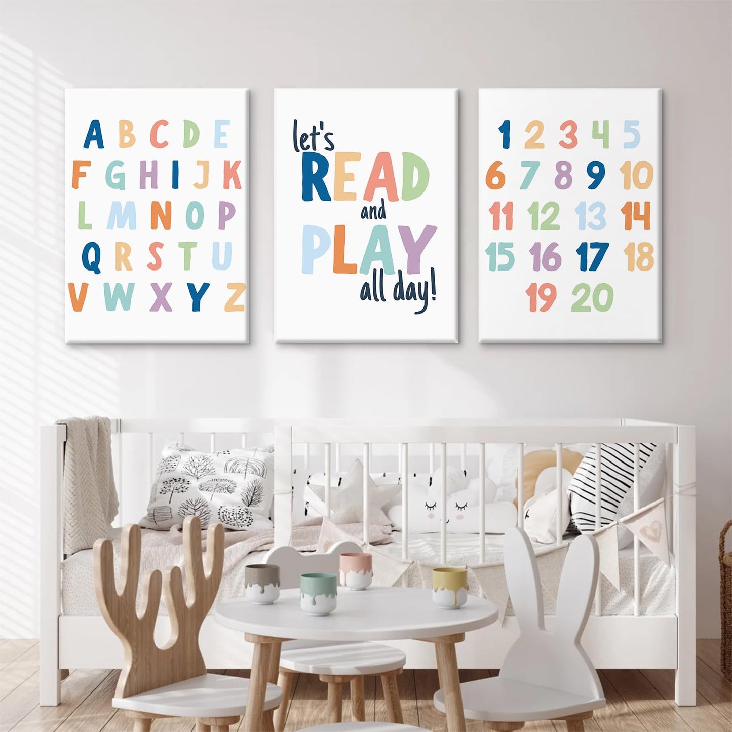 Kids Playroom Wall Art Decor Alphabet Poster Play Room Canvas Wall Decor ABC Nursery Wall Art 123 Toddler Poster Let's Read for Boy Girl Room 12x16 Inch Framed Set of 3