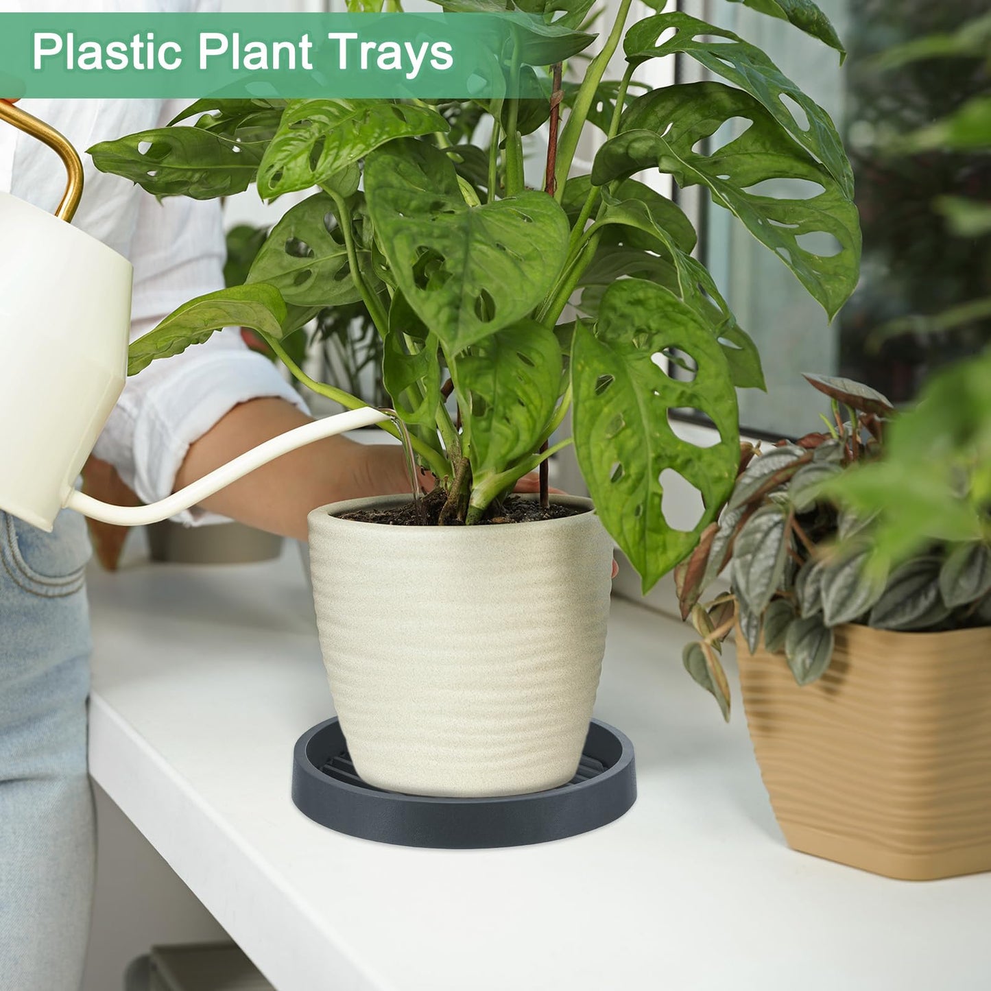 M METERXITY 2-Pack Plant Saucer, 7.9 Inch Flower Pot Saucers, Thicker Anti-Rot Root Plastic Plant Saucer for Indoor/Outdoor Potted Plant/Plant Water Catcher Tray [Cement Ash]
