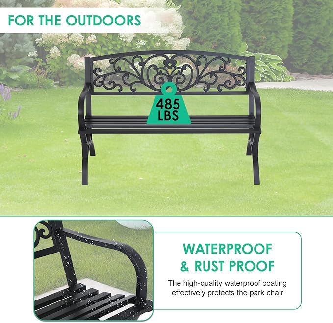 FDW Outdoor 50 Inches Garden Bench, Slatted Seat Armrests Floral Design Backres