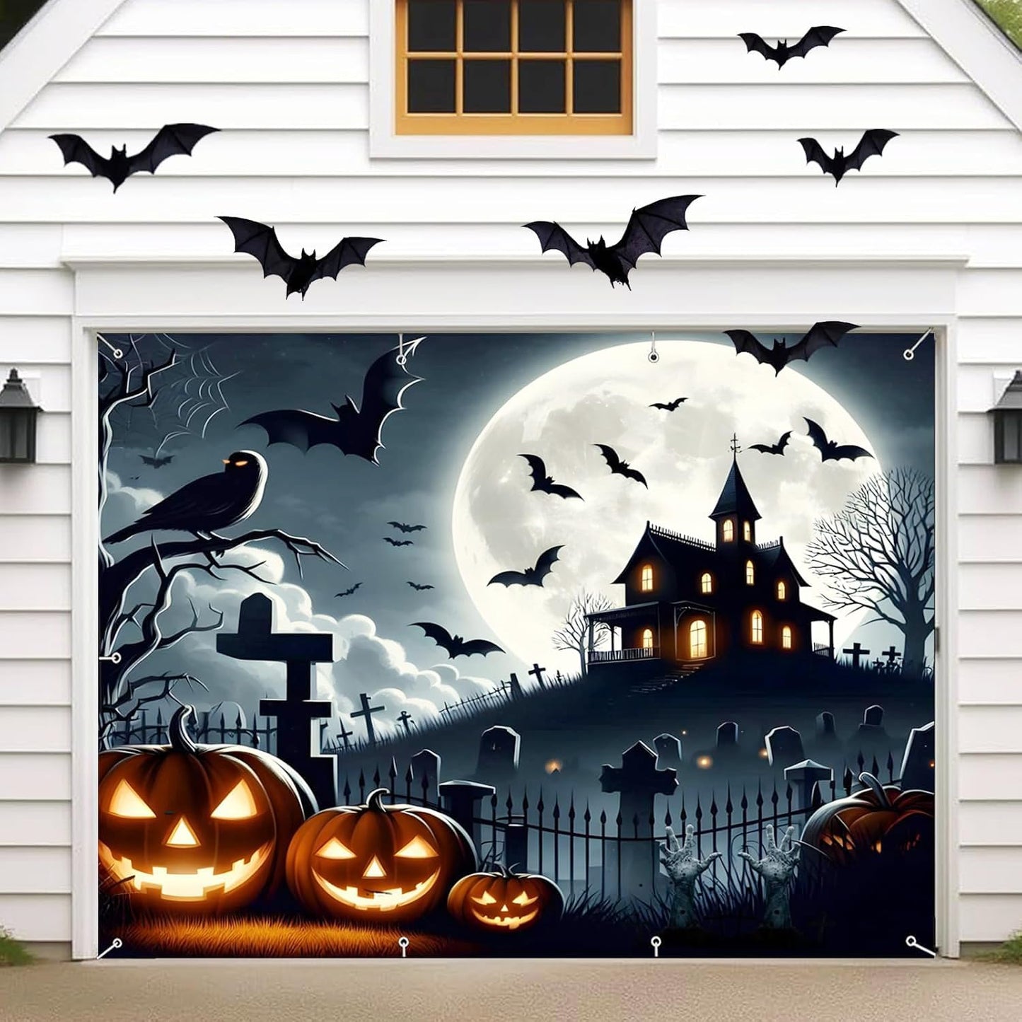 Halloween Garage Door Decorations 7 x 8 Ft Hanging Backdrop Horror Moon Night Halloween Garage Door Cover Scary Cemetery Pumpkin Banner Photo Background for Home Spooky Party Wall Window Yard (Black)
