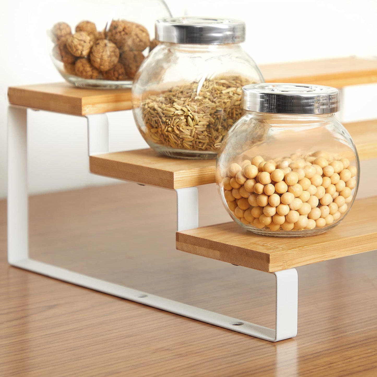 SONGMICS Display Risers, Set of 2 Engineered Wood Perfume Organizer Stand, 3-Tier Cupcake Stand Holder, Spice Rack, Shelf Risers for Figures, Dessert Shelves, Natural Beige and Cloud White UKCS016N02