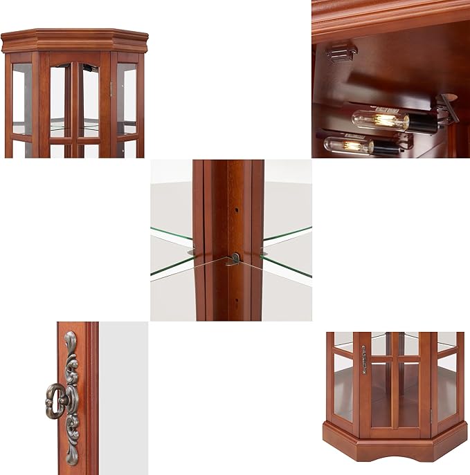Corner Curio Cabinet with Lighting System, Adjustable Tempered Glass Shelves