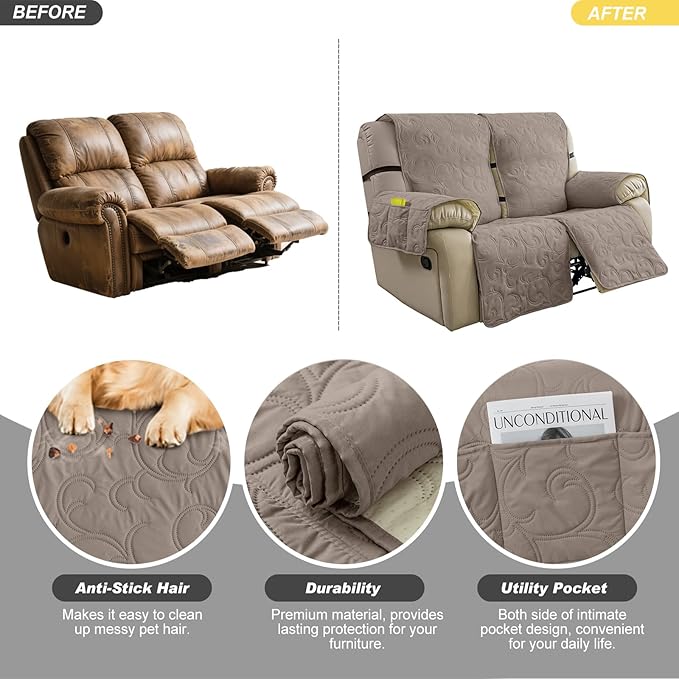 100% Waterproof Loveseat Recliner Cover, 4-Piece Split Reclining Couch Covers