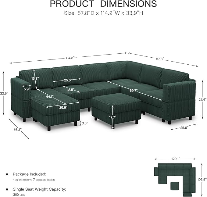 Belffin 114.2" 8 Seats Modular Sectional Sofa U Shaped Couch