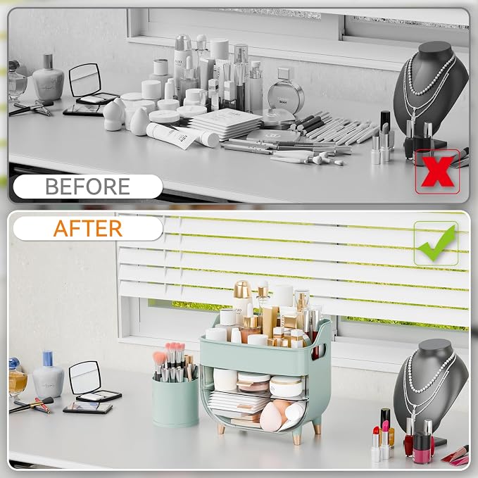 Yieach Green Make up Organizer for Countertop,Vanity,Large Capacity Bathroom Makeup Skincare Organizers With Brush Holder,Makeup Storage Organizer for Lotion,Beauty Products,Skin Care,Makeup Display