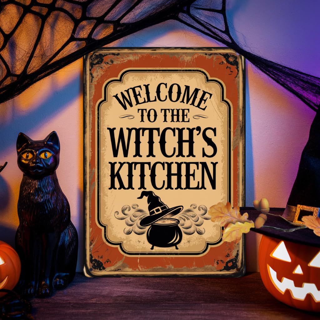 Welcome To The Witch's Kitchen Halloween Metal Tin Sign, Rustic Wall Decor For Kitchen, Farmhouse, Halloween Party, Entryway Decorative Signs & Plaques 8x12 Inch