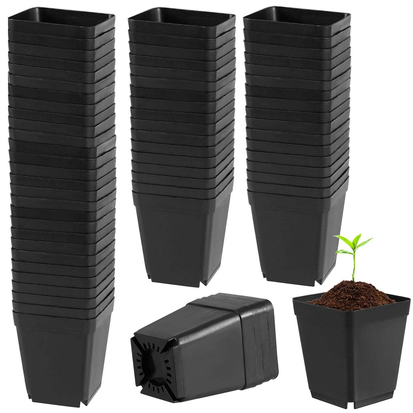 HOIGON 100 Pack 3 Inch Black Square Nursery Pot, Durable Thickened Plastic Nursery Pots with Drain Holes, Small Square Planting Containers for Flower Tomatoes Basil