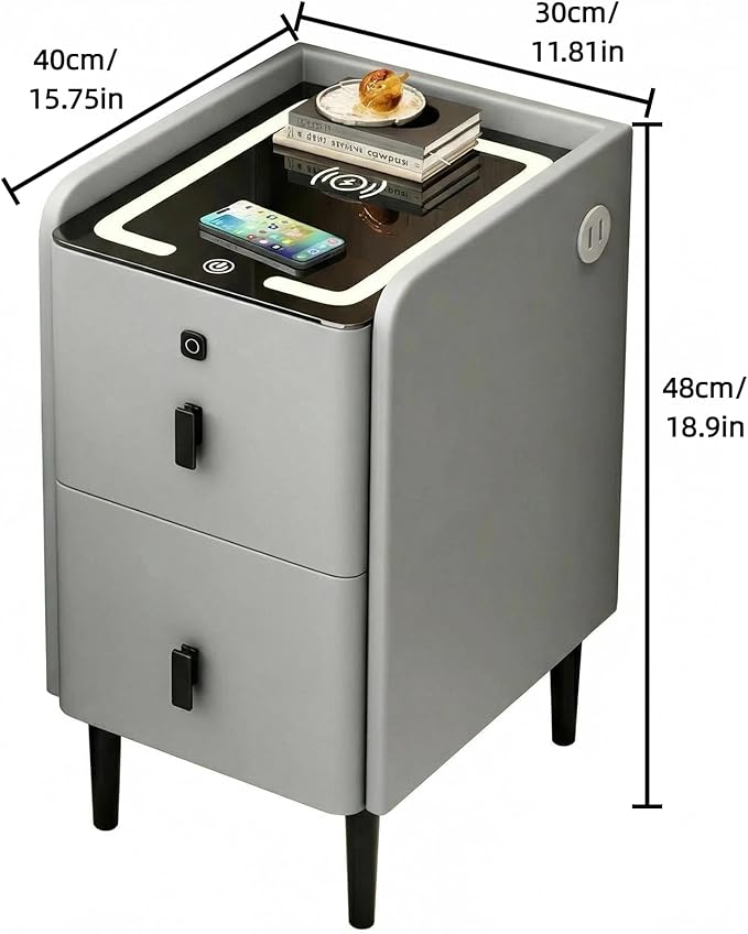Smart Nightstand with Fingerprint Lock Drawers, Wireless Charging Support