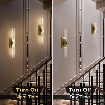 Wall Sconces Set of Two, 22.8" Gold Bathroom Sconces Wall Lighting with Clear Glass, Modern Sconces Wall Decor Brass Light Fixtures for Bathroom Mirror Living Room Hallway Bedroom