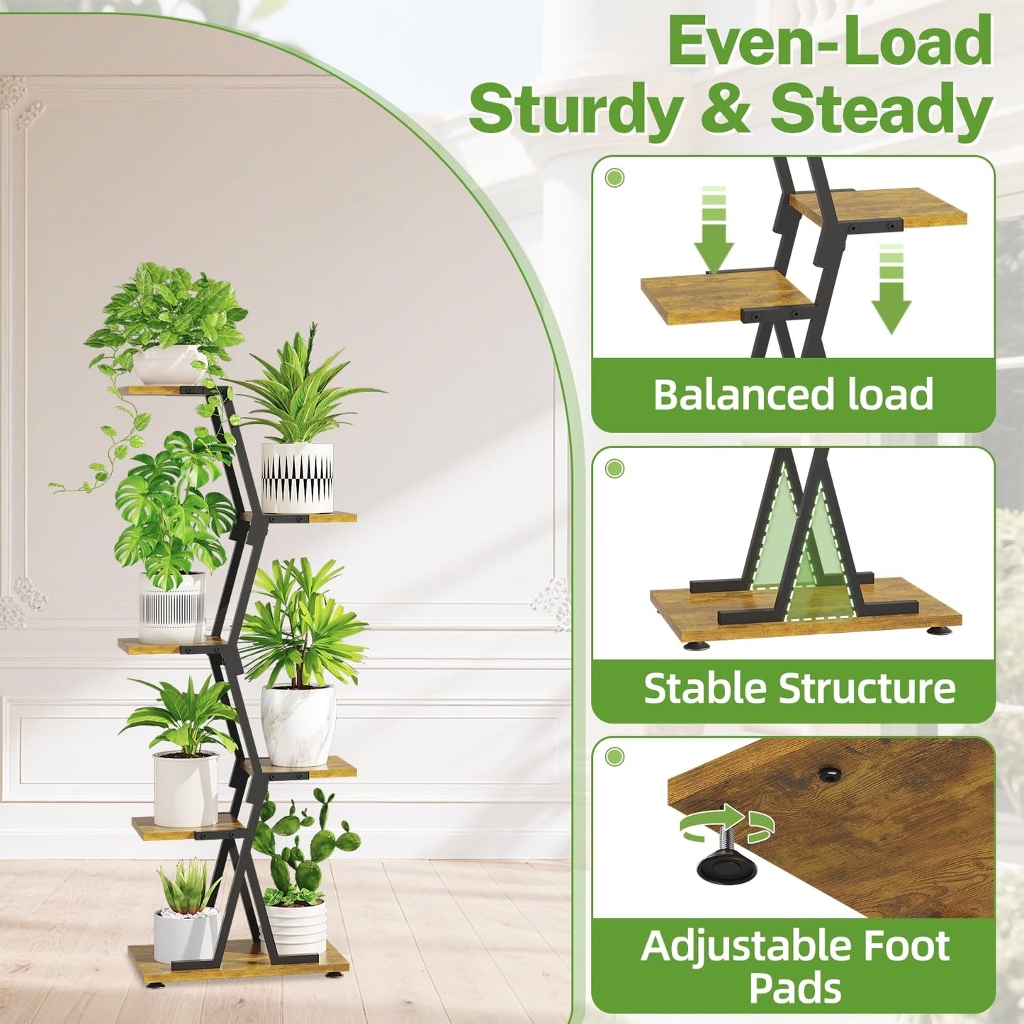 iDavosic.ly 5 Tier Indoor Plant Stand, Corner Tall Metal & Wood Flower Shelf, Orchid Display Rack for Living Room Balcony Patio Porch, Space Saving & Multifunctional Display, Black & Brown