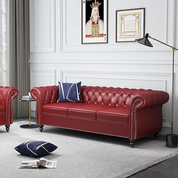 Mid-Century 3 Seater Sofa, Faux Leather Couch