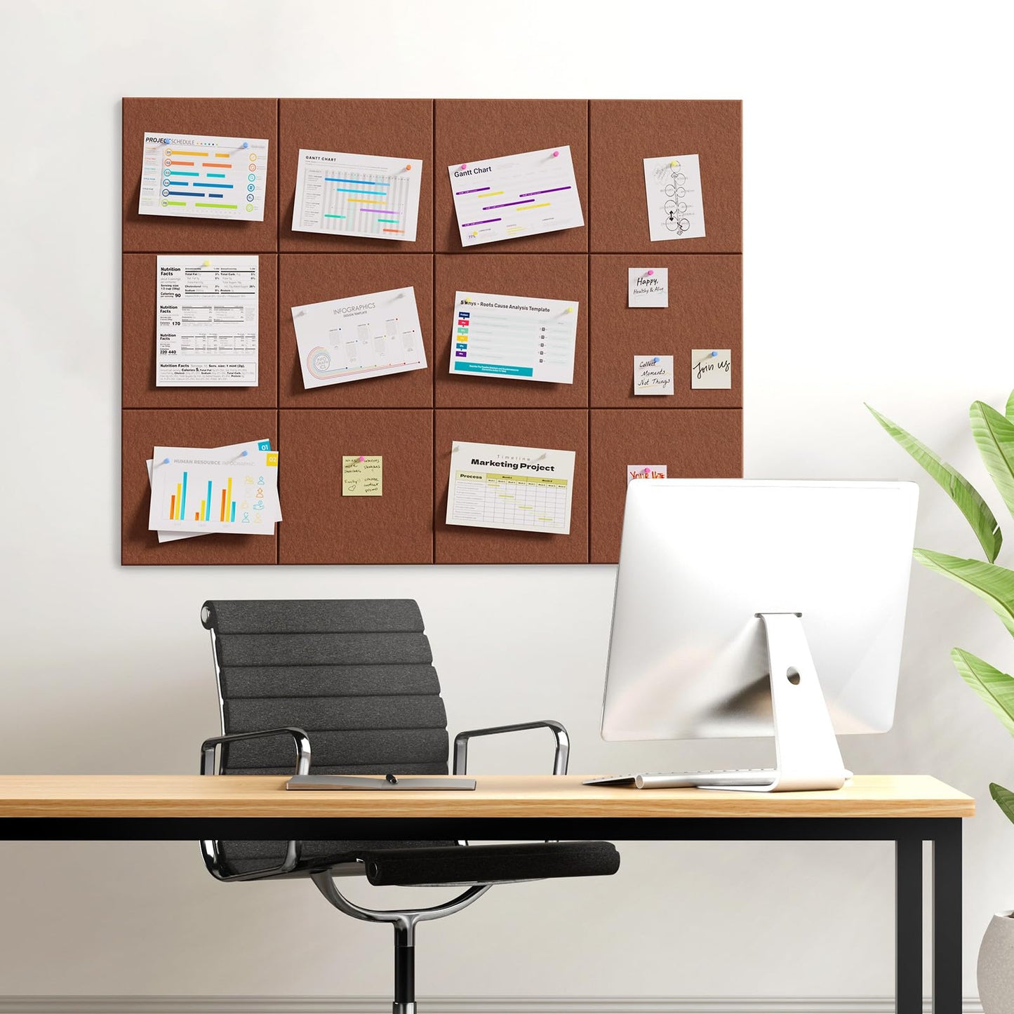 MaxGear Large Cork Board for Wall 36" x 24", Chocolate Brown Bulletin Board, 6 Pack Felt Wall Tiles with Pushpins, Cork Boards for Office Push Pin Board Tack Board Felt Board