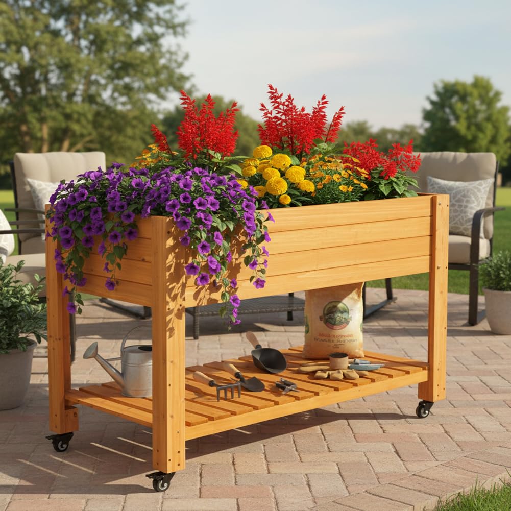 FORTUNO Raised Garden Bed with Wheels 48"x24"x33" Large Wood Planter Box with Legs Outdoor Mobile Wooden Elevated Raised Beds for Vegetable Flower, Standing Gardening Box with Liner for Patio, Deck
