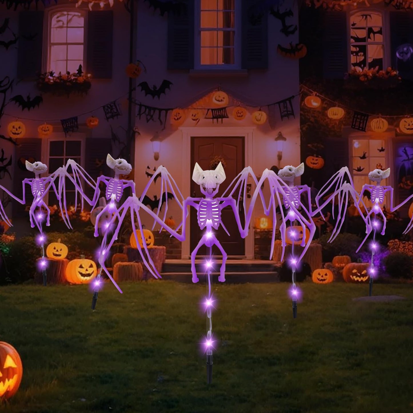 Solar Halloween Decorations Outdoor - 2 Pack 3D Scary Bat & Skeleton Lights, Waterproof LED Solar Garden Lights for Pathway, Lawn, Yard, Patio - Spooky Purple Lighting for Outdoor Holiday Decor
