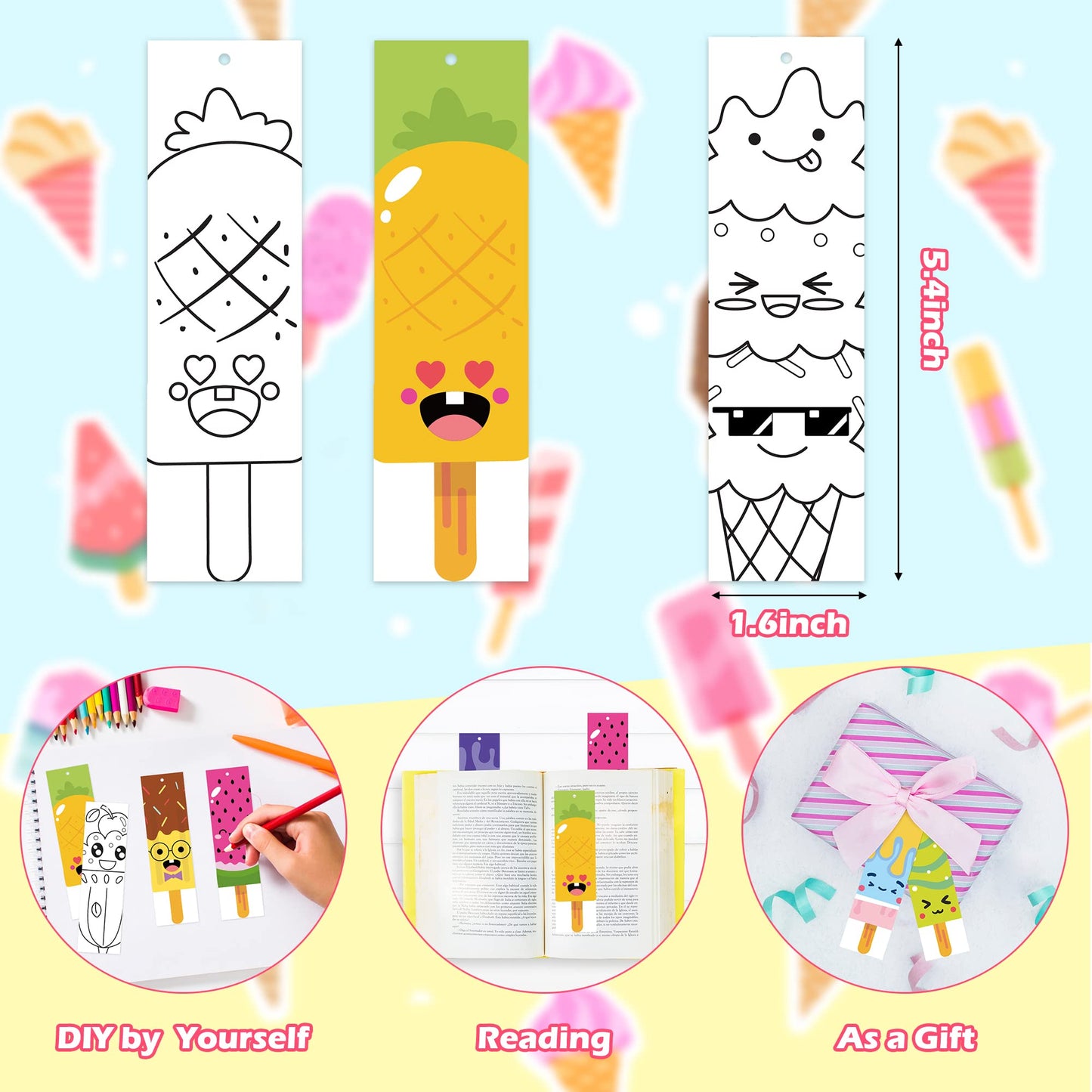 75Pcs Ice Cream Color Your Own Bookmarks for Kids Summer Ice Cream Theme DIY Coloring Blank Bookmark Classroom Art Craft Supplies for Teachers Students Birthday Gift Party Reward Goodie Fillers