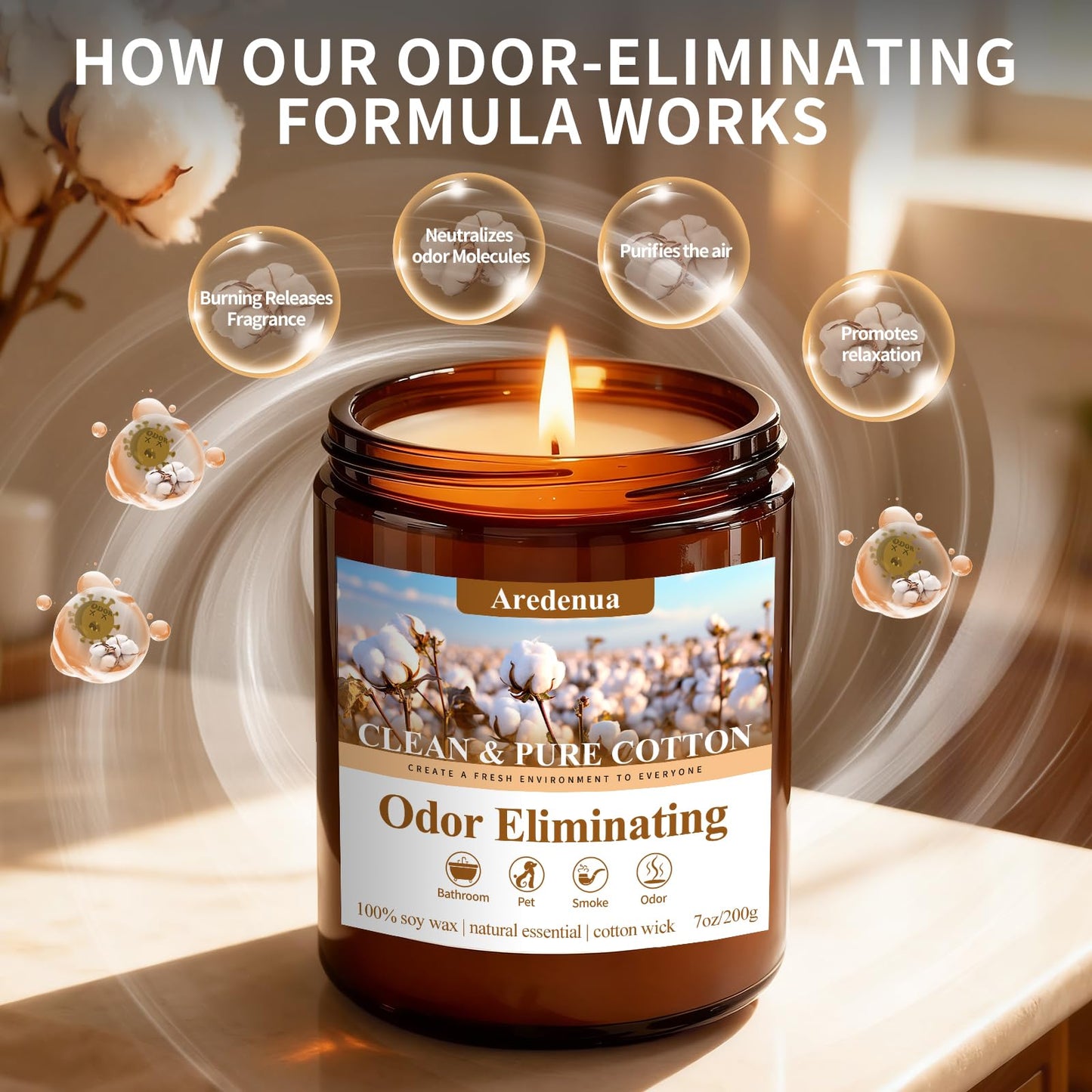 Clean & Pure Cotton Odor Eliminating Candles | Eliminates 95% of Pet, Smoke & Bathroom Odors – 7 oz Hand Poured Non-Toxic Soy Candle - Fresh Air Scented Candle Gentle for Pet - Gifts for Families