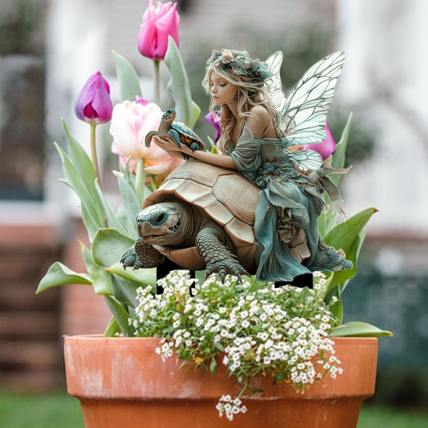 ANNUOZE Fairy Garden Stake Decor, 2D Flat Acrylic Fairy Garden Decor Panel, Elf Yard Sign for Outdoor Indoor Yard Lawn Plants Pots, Fairy Garden Accessories (Fairy and Turtle)