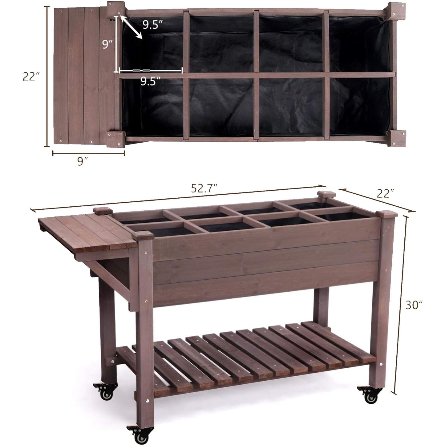 Aivituvin 52.7x22x30in Raised Garden Bed, Elevated Wood Planter Box Stand with Wheels for Outdoor Gardening, Liner Included, 230lbs Capacity