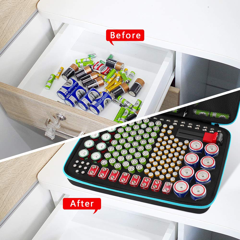 Battery Organizer Storage Case Box with Tester Checker, 220+ Batteries Holder Bag fits for AA AAA AAAA 9V C D Lithium 3V LR44 1.5V CR1632 CR2032 Home Garage Container