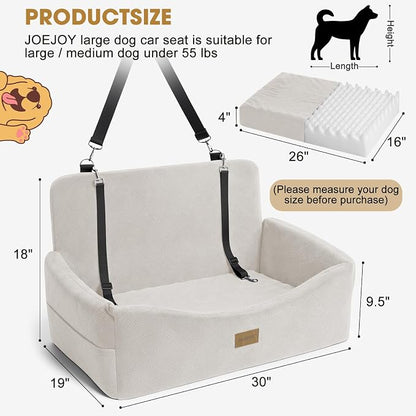 JOEJOY Dog Car Seat for Large Medium Sized Dogs Under 55 lbs, Dog Booster Seat for 2 Small Dogs with Detachable Washable Cover, Memory Foam Pet Car Seat with 2 Safety Belts and Storage Pockets