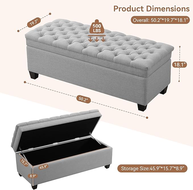 WUTUTUEE 51" Fabric Storage Ottoman Bench, Upholstered Rectangle End of Bed