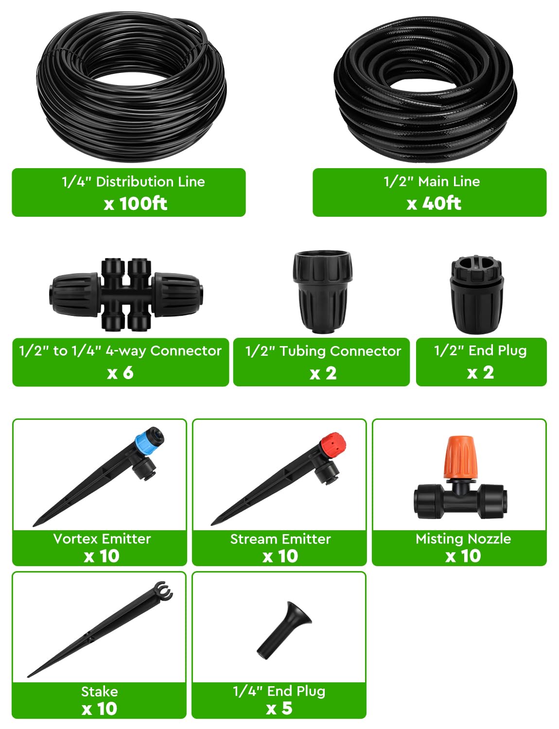 Landtouch Drip Irrigation System, 40FT 1/2" Mainline & 100FT 1/4" Tubing, with Adjustable Drip Emitters Misting Sprinkler, Efficient Sprinkler System Kit for Flower Bed, Raised Bed, Greenhouse, Lawn
