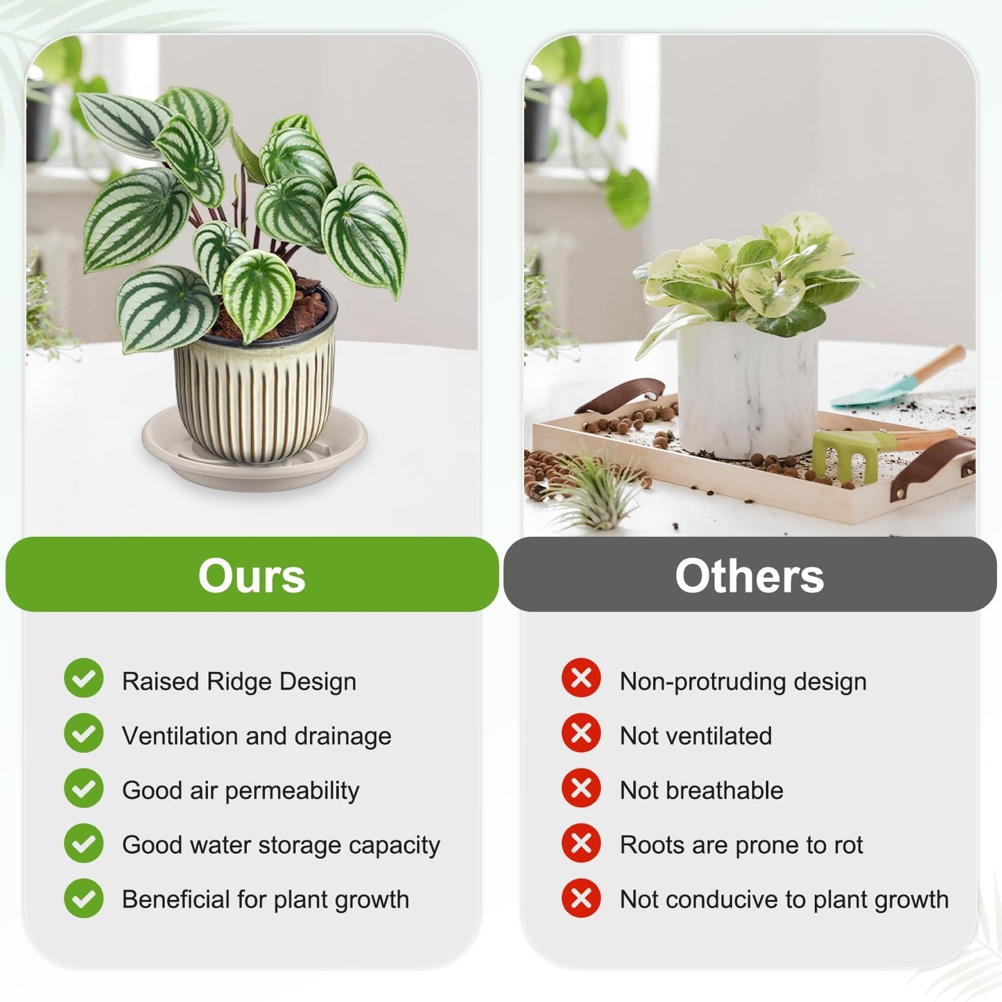 M METERXITY 2-Pack Plant Saucers, 7.3 Inch ID Anti-Rot Root Resin Flower Pot Plant Saucers for Indoor/Outdoor, Flowerpot Drip Tray [9.4 Inch OD, Gray White]
