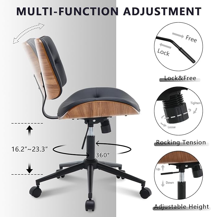 Armless Home Office Chair with Wheels, PU Leather Adjustable Height Computer