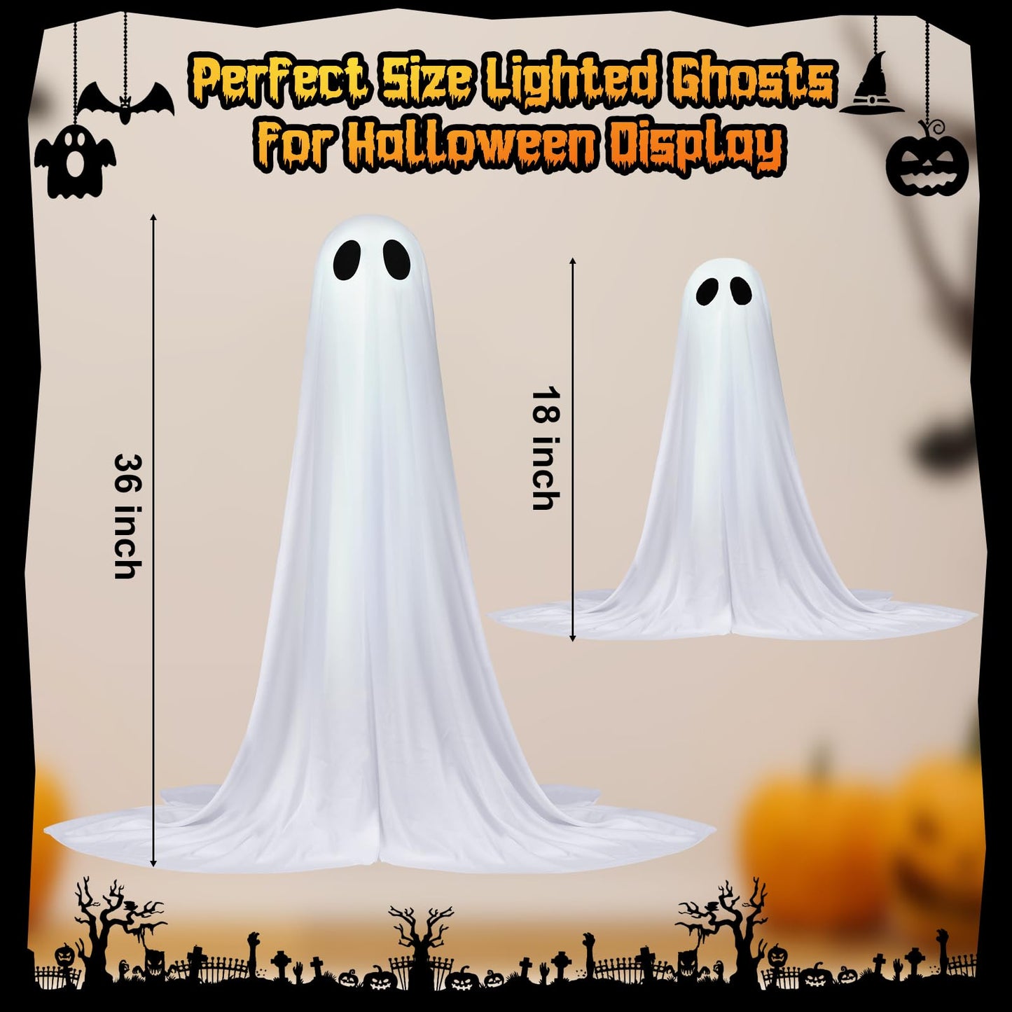 2 Pack Halloween Ghosts Outdoor Spooky Ghost Decorations Outside 36'' & 18'' Tall White Light Timer Function Standing Scary Light Up Ghost Kit for Porch, Courtyard, Party, Haunted Houses (White)