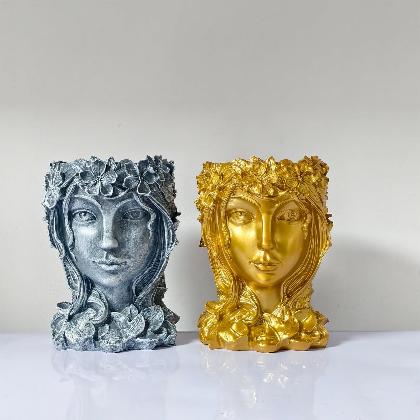 Romehaha Face Flower Pot Head Planter with Drainage Hole - Cute Resin Goddess Face Planter for Indoor & Outdoor Use (Goddess Golden, Large)
