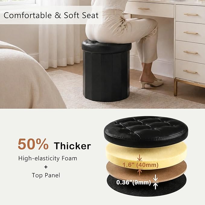 CAROLMADE Round Storage Ottoman, PU Leather Folding Footrest Stool